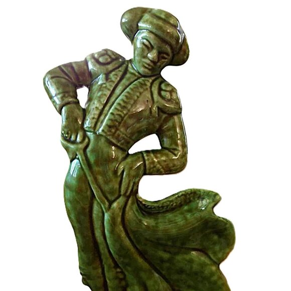 Vintage Matador Bullfighter Ceramic Figure Mid-Century Green Mottled Glaze Potte - Picture 1 of 11
